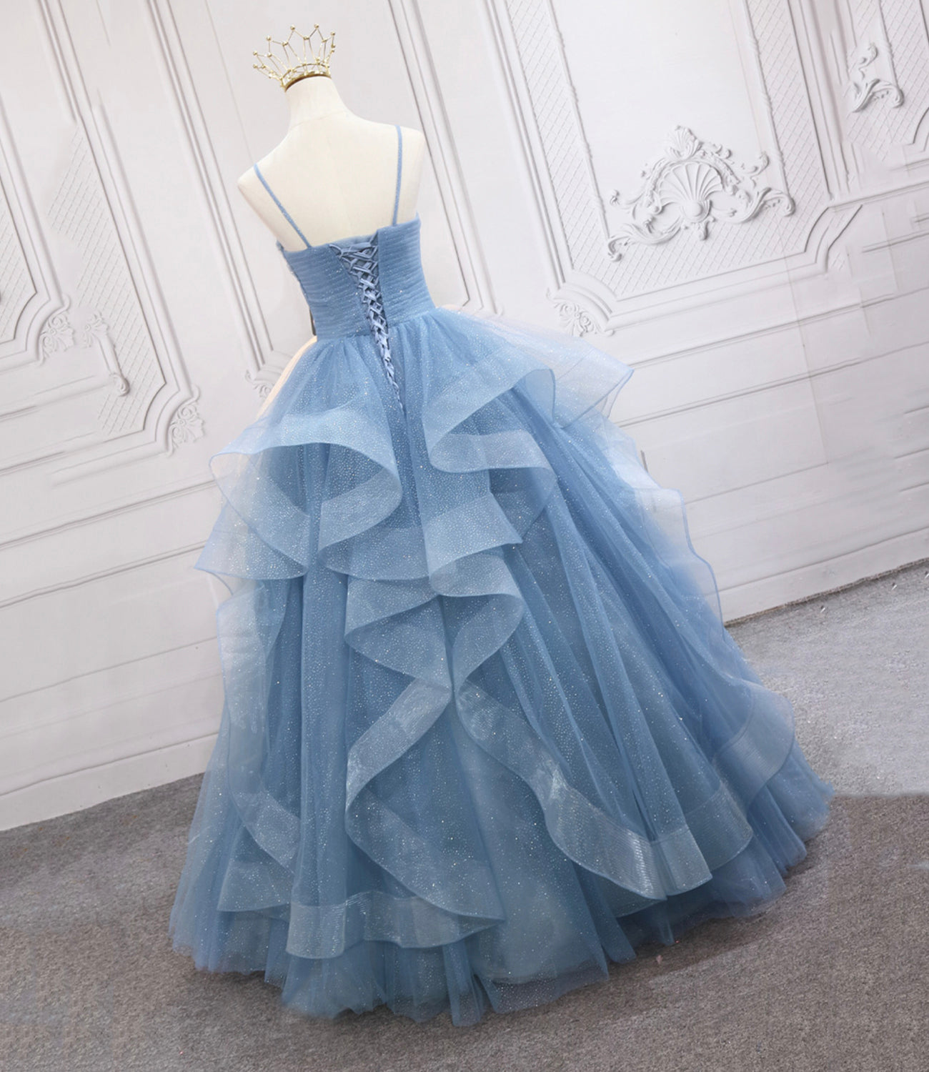 Blue tulle long prom dress blue evening gown HZ1023