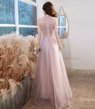Pink tulle beads long prom dress A line evening gown HZ1023
