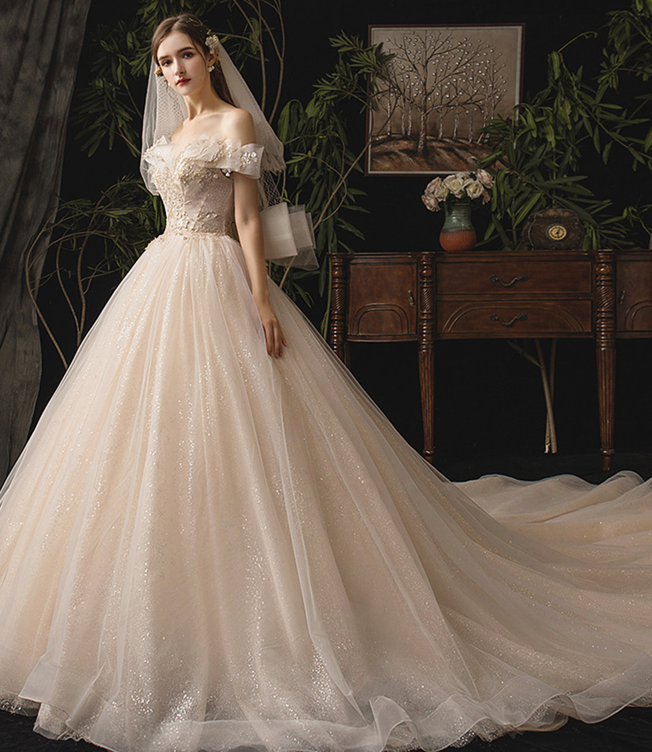 Champagne tulle sequins long ball gown dress formal dress HZ1023