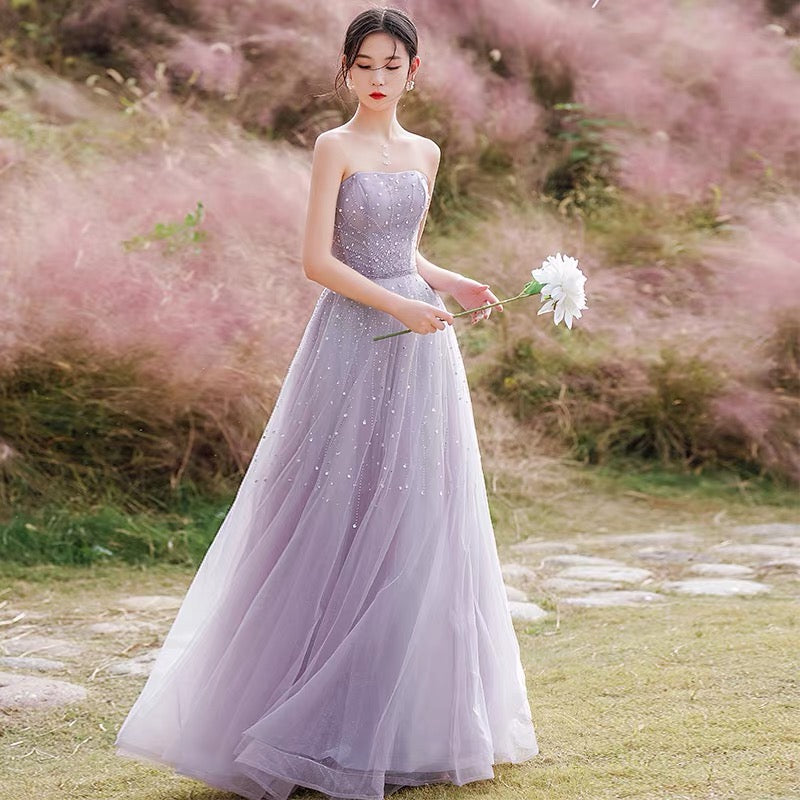 Purple tulle beads long prom dress A ine evening gown HZ1023