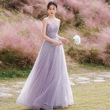 Purple tulle beads long prom dress A ine evening gown HZ1023