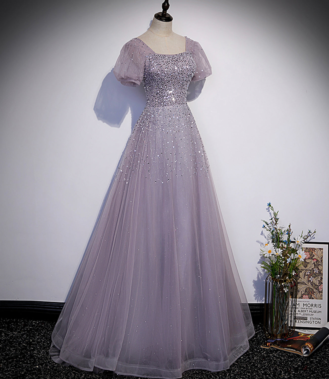Purple tulle beads long prom dress A line evening gown HZ1023