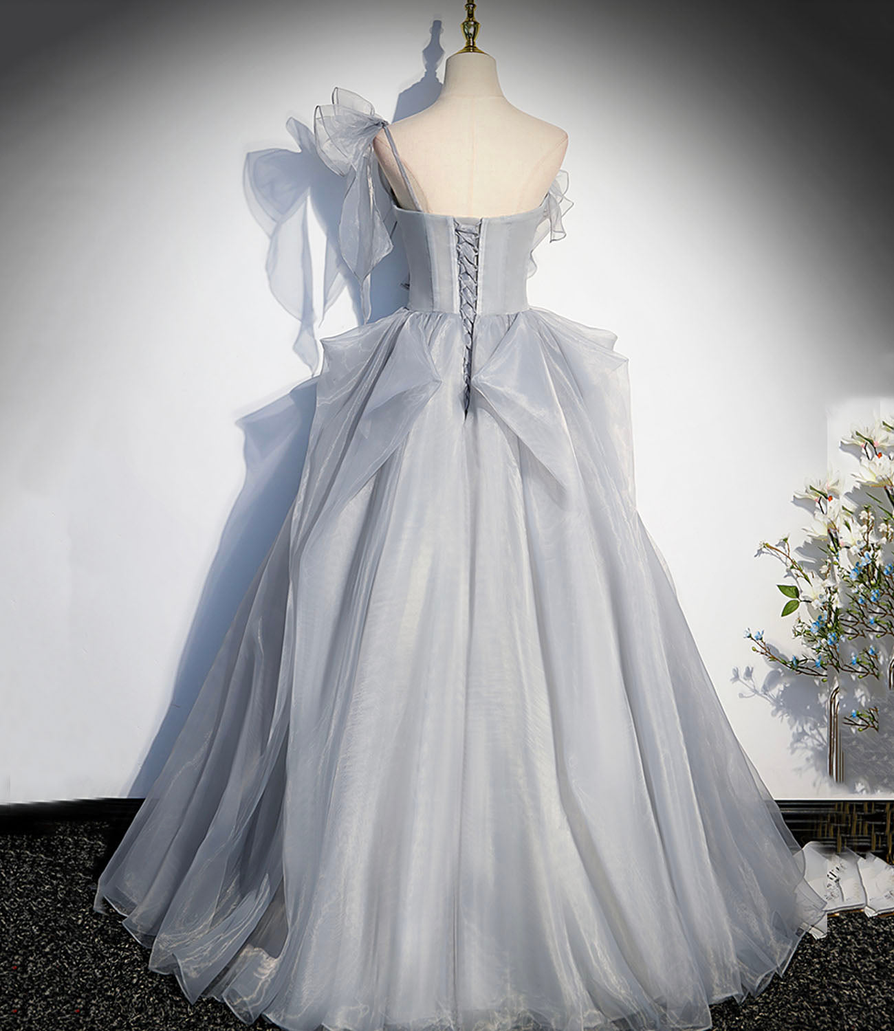 Gray tulle long ball gown dress A line evening gown HZ1023
