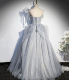 Gray tulle long ball gown dress A line evening gown HZ1023
