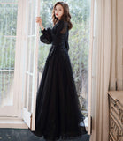 Black lace long prom dress A line evening gown HZ1023