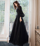 Black lace long prom dress A line evening gown HZ1023