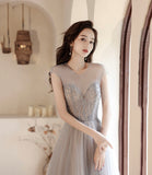 Cute tulle beads long prom dress A line evening gown HZ1023