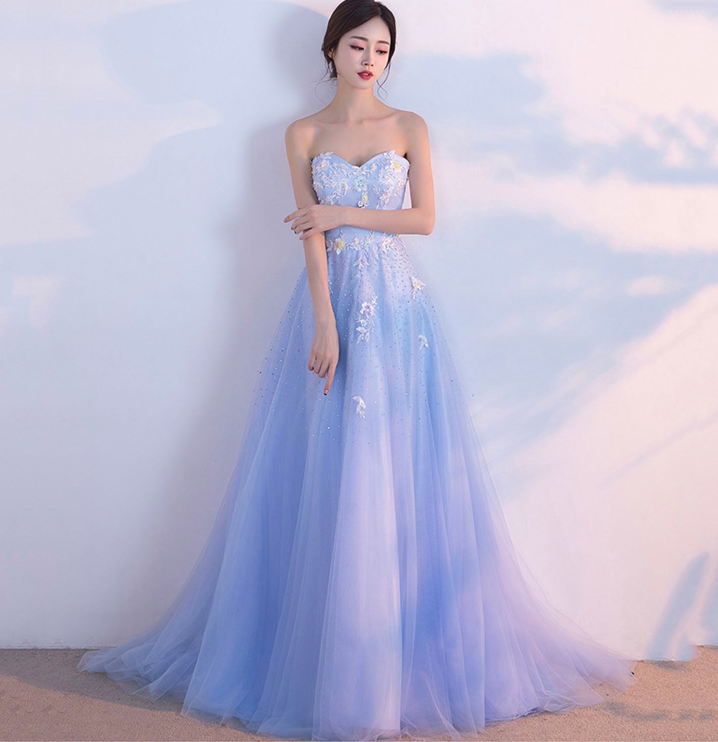 Blue tulle lace long prom dress blue evening gown HZ1023