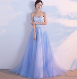 Blue tulle lace long prom dress blue evening gown HZ1023