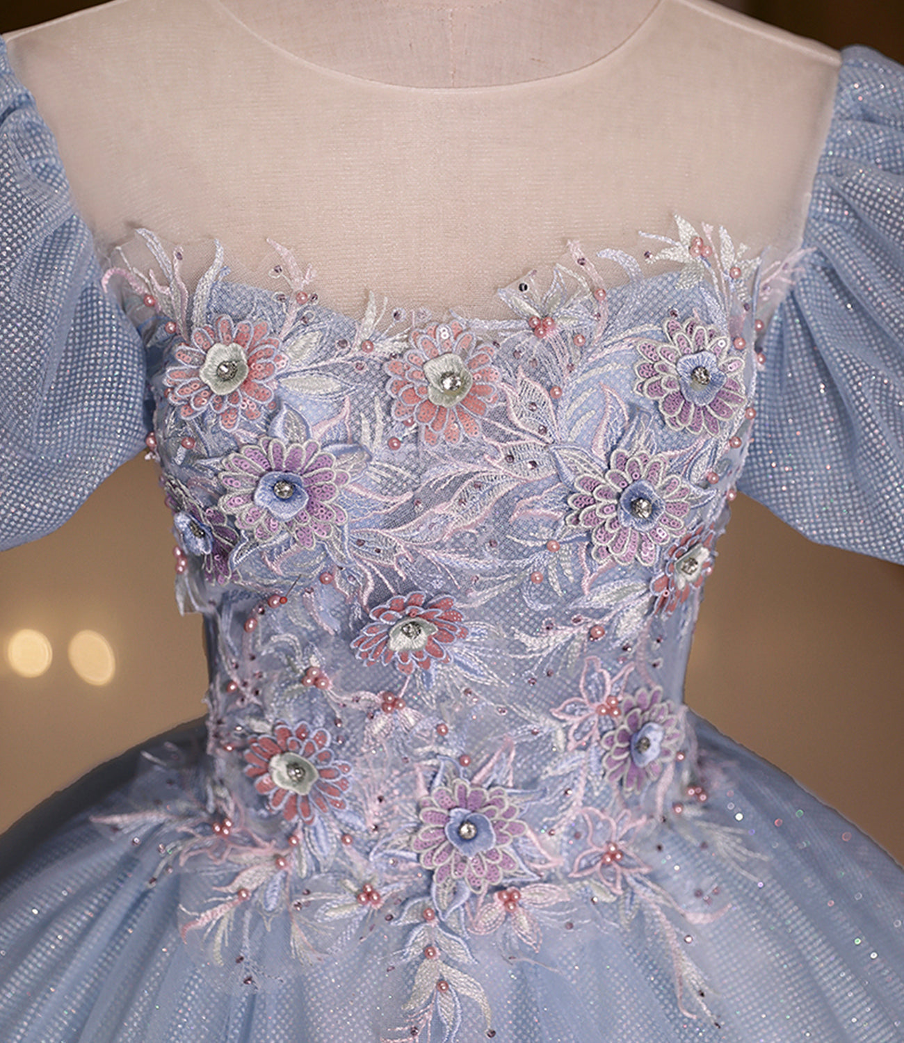 Blue shiny fashion elegant exquisite floral applique tulle lace long prom dress evening dress graduation dress HZ1023