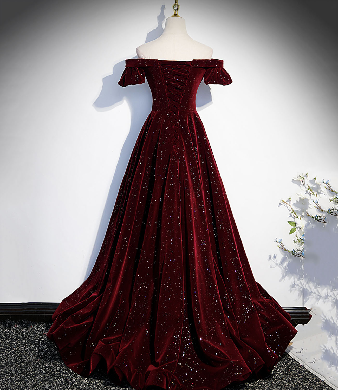 Burgundy velvet long prom dress A line evening gown HZ1023