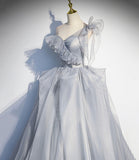 Gray tulle long ball gown dress A line evening gown HZ1023