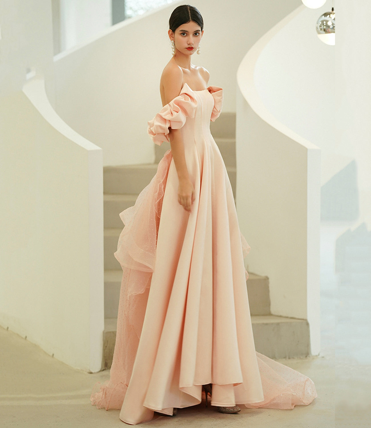 Pink satin tulle long prom dress A line evening dress HZ1023