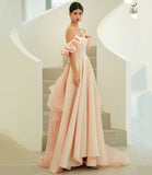 Pink satin tulle long prom dress A line evening dress HZ1023