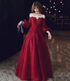 Burgundy lace long prom dress A line evening dress HZ1023