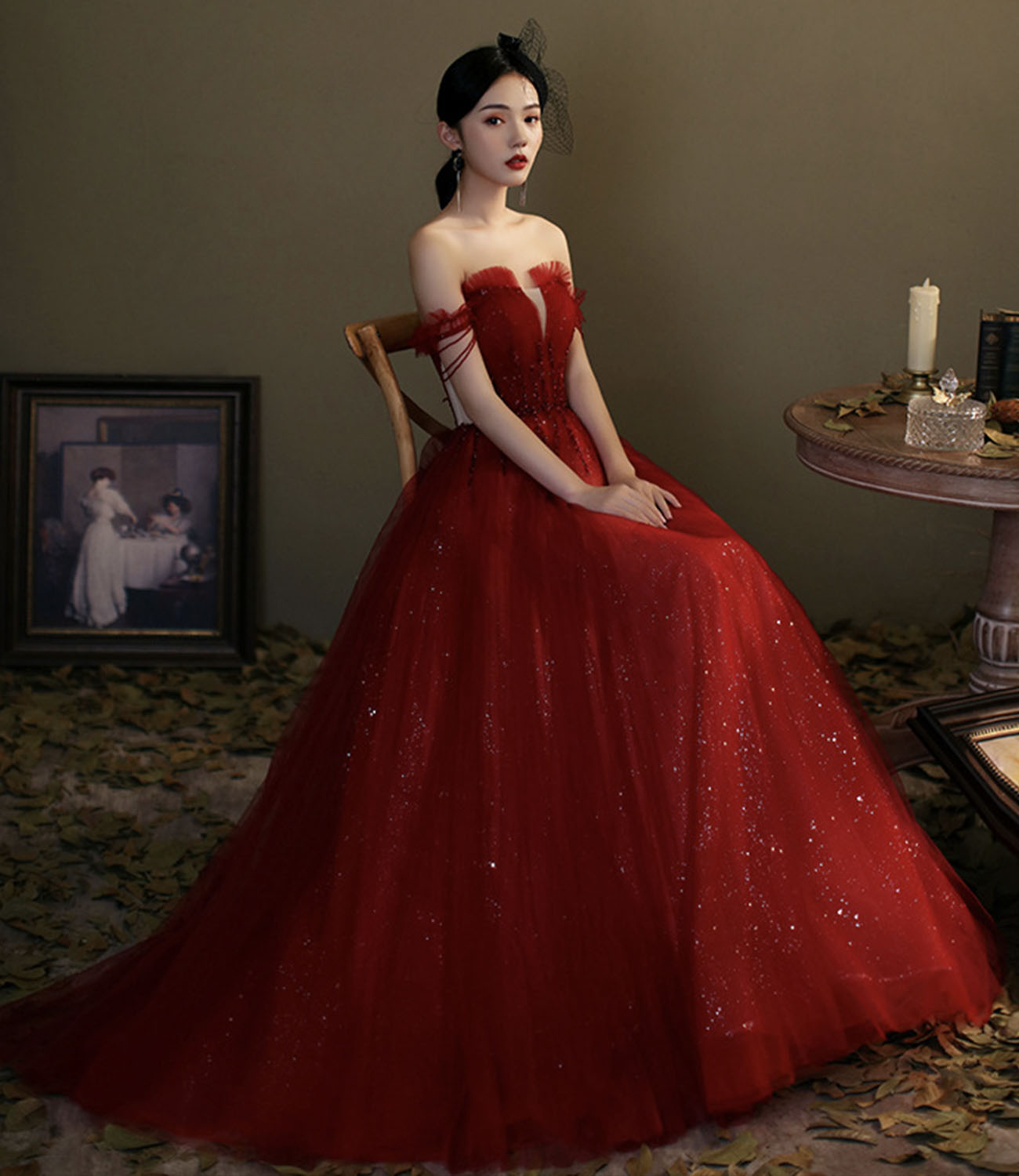 Red tulle sequins long prom dress evening gown HZ1023