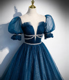 Blue tulle sequins long prom dress blue evening gown HZ1023