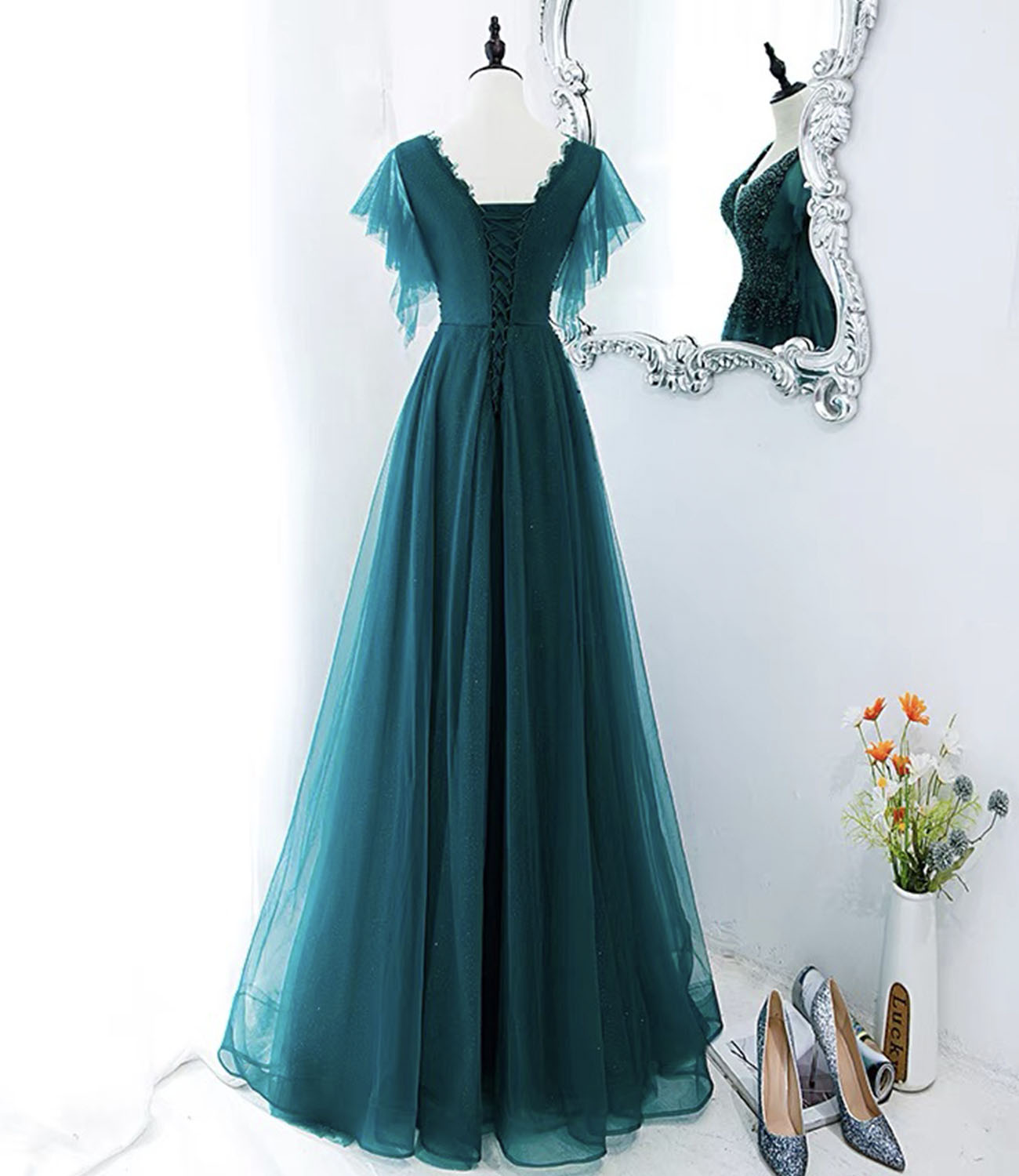 Green tulle beads long prom dress evening gown HZ1023