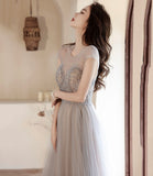 Cute tulle beads long prom dress A line evening gown HZ1023