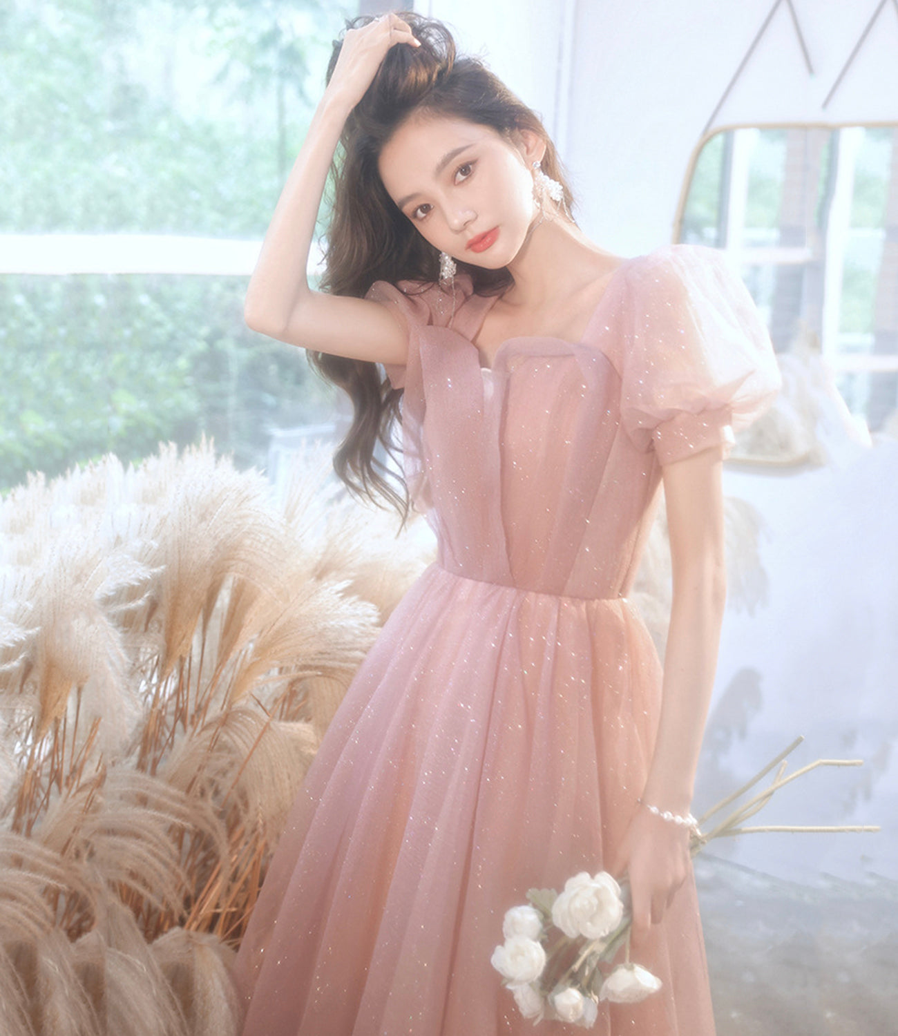 Pink tulle long prom dress pink evening gown HZ1023