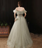 Green tulle sequins long prom dress A line evening dress HZ1023