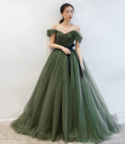 Green tulle long prom dress A line evening dress HZ1023