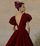 Burgundy velvet long prom dress evening gown HZ1023