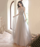 Cute tulle beads long prom dress A line evening gown HZ1023