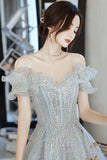 Gray tulle beads long prom dress gray evening gown HZ1023