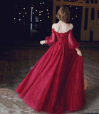 Burgundy lace long prom dress A line evening dress HZ1023