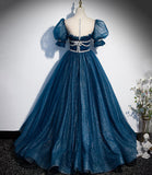 Blue tulle sequins long prom dress blue evening gown HZ1023