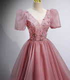 Pink tulle sequins long prom dress pink evening gown HZ1023