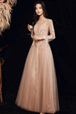 Stylish tulle lace long prom dress long sleeve evening dress HZ1023
