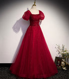 Burgundy tulle beads long ball gown dress formal dress HZ1023