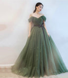 Green tulle long prom dress A line evening dress HZ1023