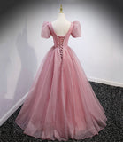 Pink tulle sequins long prom dress pink evening gown HZ1023