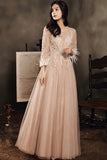 Stylish tulle lace long prom dress long sleeve evening dress HZ1023