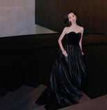 Black velvet satin long prom dress A line evening gown HZ1023