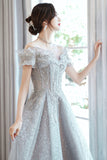 Gray tulle beads long prom dress gray evening gown HZ1023