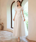 White tulle tea length prom dress white evening dress HZ1023