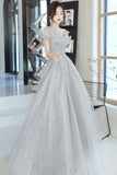 Gray tulle beads long prom dress gray evening gown HZ1023