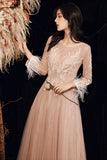 Stylish tulle lace long prom dress long sleeve evening dress HZ1023