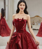 Burgundy tulle long prom dress A line evening dress HZ1023