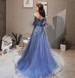 Blue tulle lace long prom dress A line evening gown HZ1023