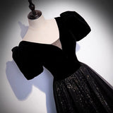 Black velvet tulle long prom dress A line evening gown HZ1023