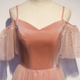 Pink velvet tulle long prom dress, pink evening dress HZ1023