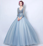 Blue lace applique long prom gown evening dress HZ1023