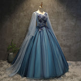 Blue tulle lace long ball gown dress blue evening gown HZ1023