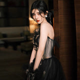 Black tulle long ball gown dress A line evening gown HZ1023