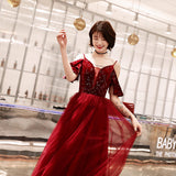 Burgundy v neck tulle sequins long prom dress, evening dress HZ1023